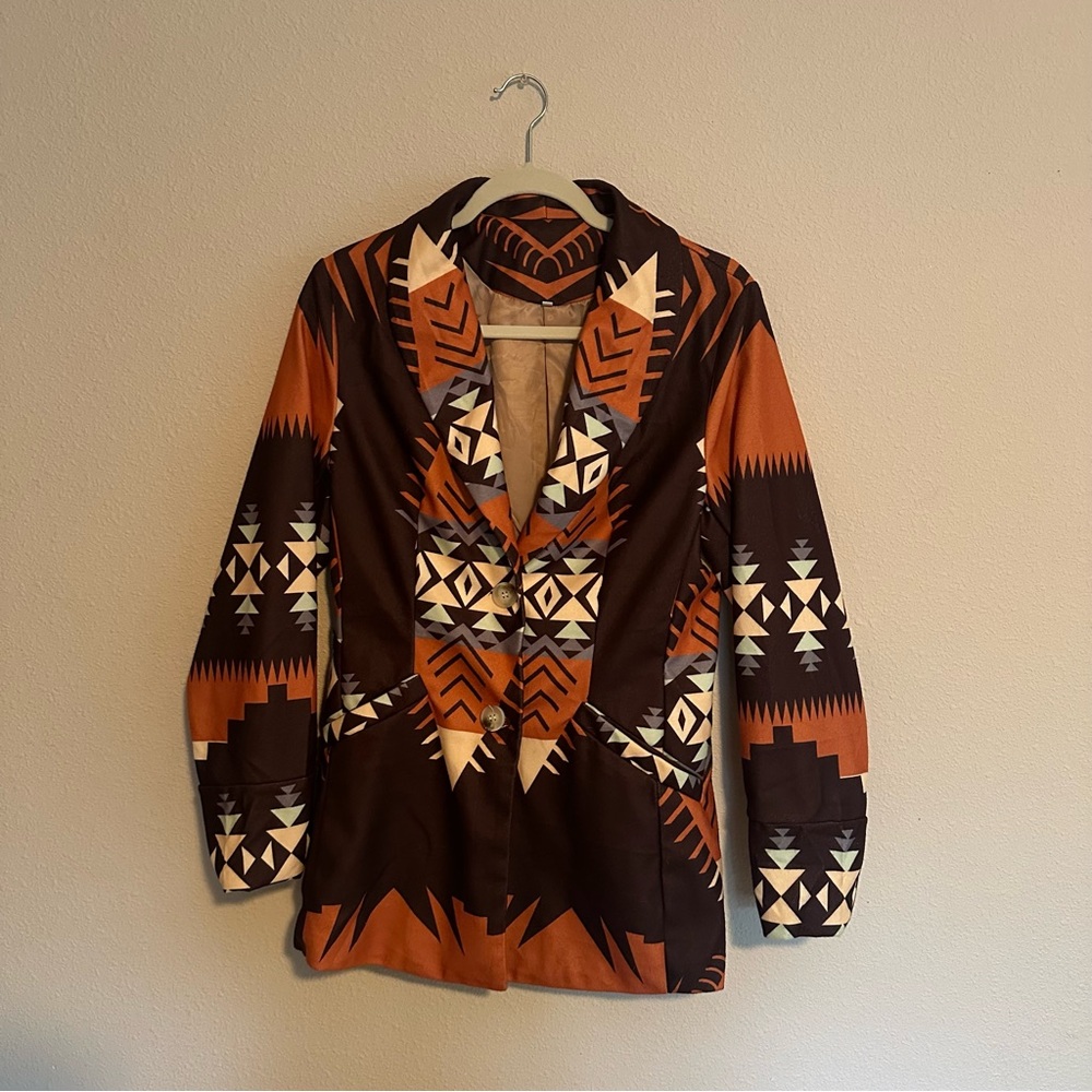 Tribal Patterned Brown Blazer - image 1
